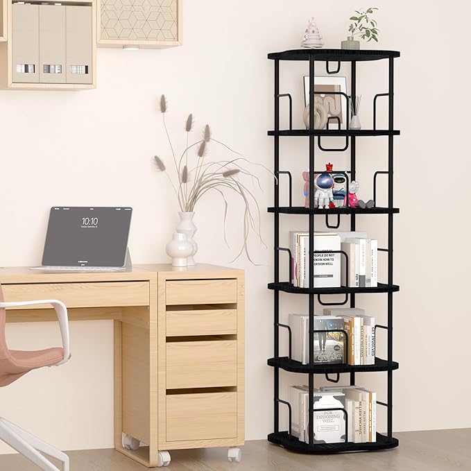 5-Tier Rotating Book Shelf, 360° Display Spinning Bookshelf Tower, Book Organizer, Floor Standing Bookcases for Small Space, Corner Book Shelf for Bedroom, Living Room, Study Room (Black)