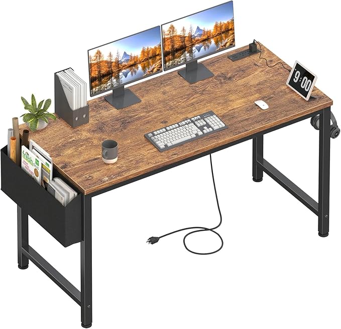Lufeiya Gaming Desk with Power Outlet, 55 inch Teen Study Table Home Office Work Writing Computer Desks with Charging Station Outlets Built in, Brown