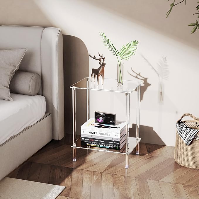 Clear Acrylic Side Table, 2-Tier End Table for Living Room, Small Modern Bedside Tables Nightstand for Bedroom, Home Decor Accent Table, 15.7" L x 11.8" W x 19.82" H, Clear