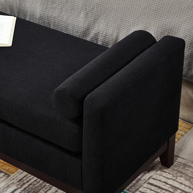 24KF Large Upholstered Boucle Fabric Ottoman with Pillows,Comfort Padded Window Bench for Living Room,Entryway Bench,5095-Black