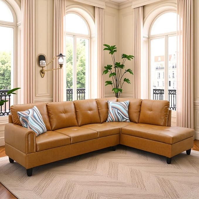 L Shaped Couch Sectional Couches with Chaise, 3 Pieces Modular Convertible Sofa for Living Room Furniture Sets and Small Apartment Faux Leather, Ginger