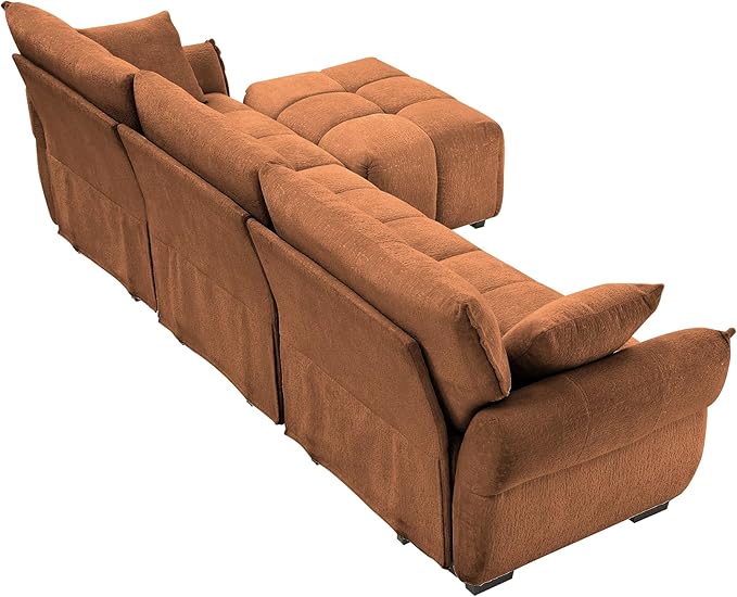 Modern Chenille Fabric 3-Seat Sofa w/Ottoman+2 Pillows, Premium Upholstery Living Room Couch with Tufted Backrest & Comfortable Armrests and High-Resilience Memory Foam Cushions,Orange