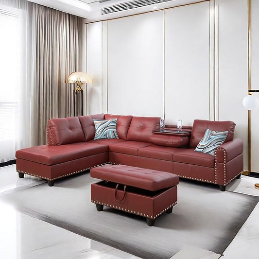 LeatherL Shaped Couch with Ottoman, Modern Nail-Head Design Comfy Sectional Sofa with Cup Holder & Chaise for Living Room, Bedroom, Office, Red