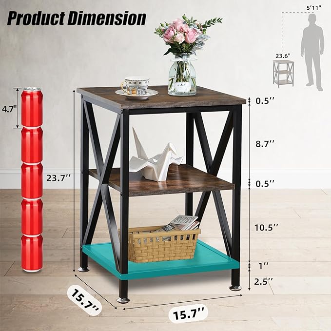 Square End Table with Storage Shelf, 16" D X 16" W X 24" H, 3-Tier End Table Living Room, Rustic Brown End Tables, X-Shaped Night Stand for Bedroom, Farmhouse Wood End Tables