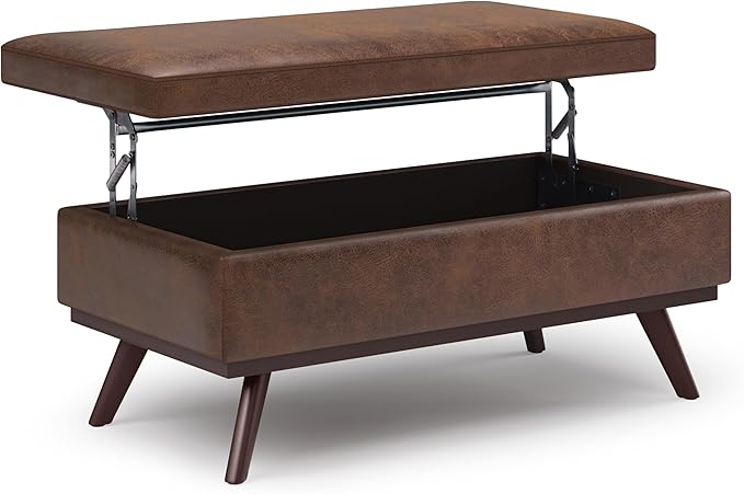 SIMPLIHOME Owen 42 inch Wide Mid Century Modern Rectangle Lift Top Large Coffee Table Storage Ottoman in Distressed Chestnut Brown Vegan Faux Leather, Assembled, For the Living Room