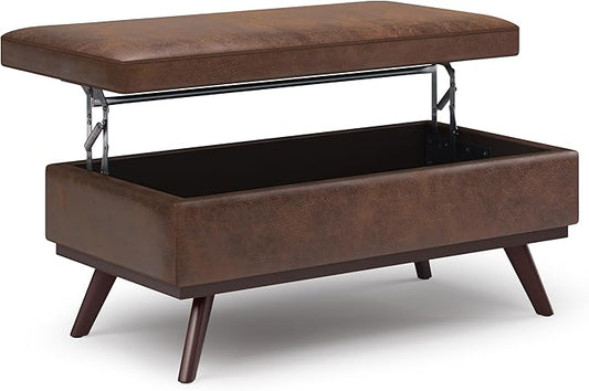 SIMPLIHOME Owen 42 inch Wide Mid Century Modern Rectangle Lift Top Large Coffee Table Storage Ottoman in Distressed Chestnut Brown Vegan Faux Leather, Assembled, For the Living Room