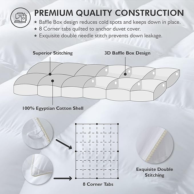 Luxurious White Solid Heavy Weight, California King Size Goose Feathers Down Comforter for Winter Weather Duvet Insert, Premium Baffle Box, 100% Egyptian Cotton Cover, 80 oz. Fill Weight