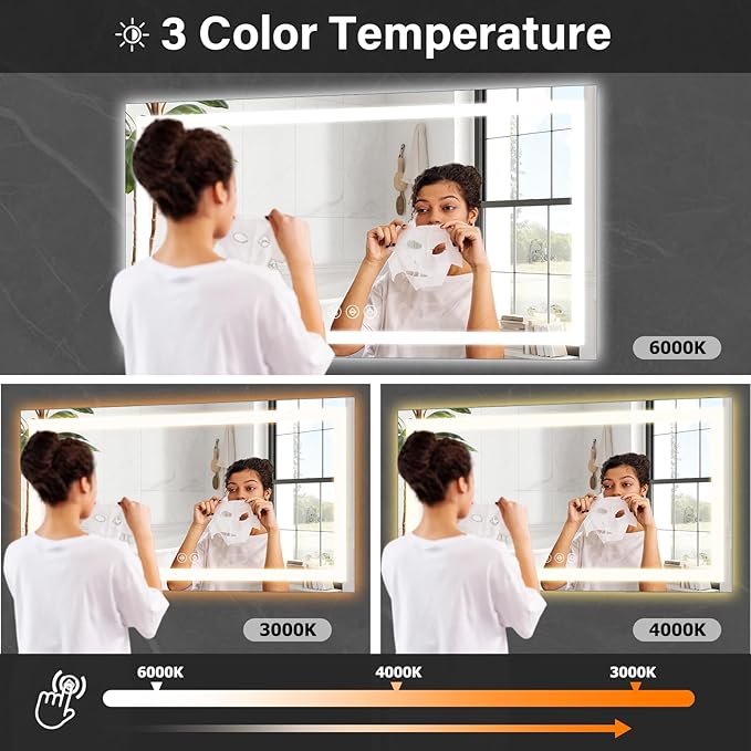 40"x 60"LED Bathroom Mirror, Backlit + Front Lit, LED Bathroom Mirror with Lights for Wall, 3 Colors, Anti-Fog, Dimmable Brightness, Memory Function, Tempered Glass