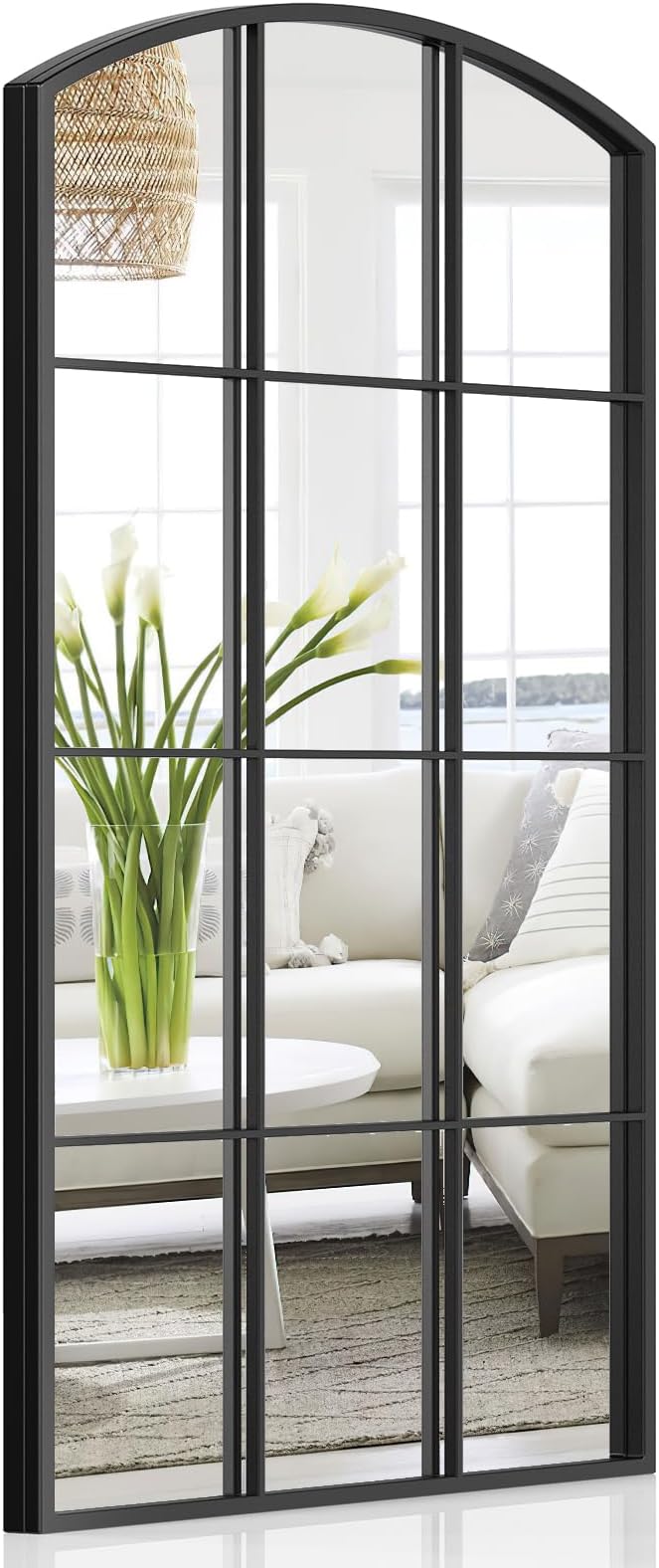 Arched Window Mirror, 24" x 48" Black Window Mirrors for Wall, Tall Farmhouse Grid Mirror for Living Room Bedroom Dining Room Fireplace Hallway Mantle Entryway