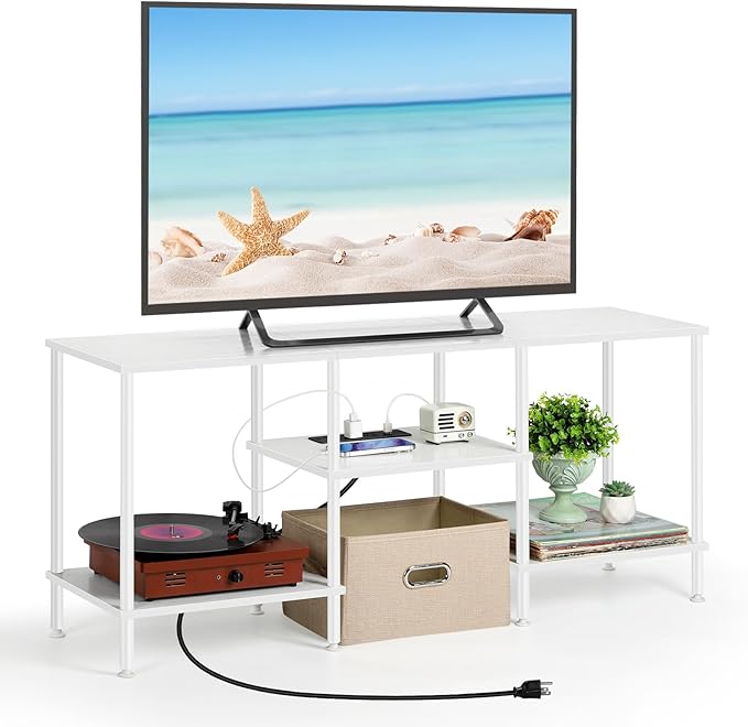 TV Stand for Bedroom up to 50 Inch Modern TV Stands with Power Outlets Small Entertainment Center with Storage 3 Tier TV Cabinet Console Table for Living Room Bedroom Office, White
