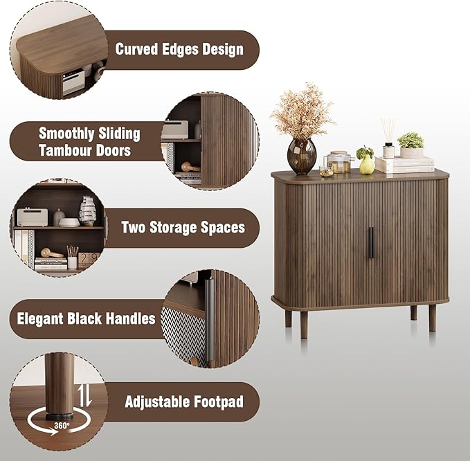 31.5" Sideboard Buffet Cabinet with Storage, Modern Walnut Accent Cabinet with Sliding Doors & Adjustable Feet, Small Credenza for Kitchen, Entryway, Living Room (Walnut, 15.8"D x 31.5"W x 29.5"H)