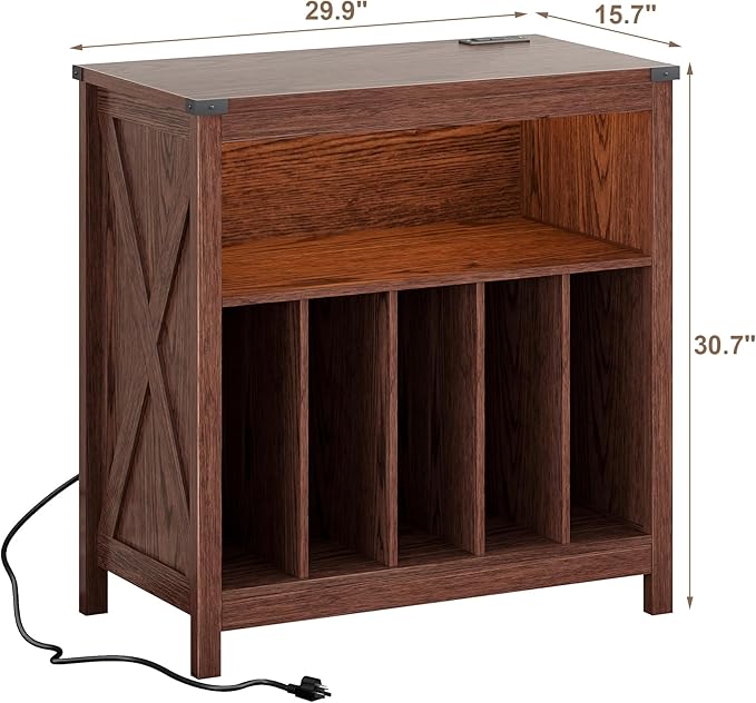 ChooChoo Large Record Player Stand with Charging Station & LED Light, Vinyl Record Holder hold up to 300 Albums, Farmhouse End Table for Bedroom, Living Room, Walnut