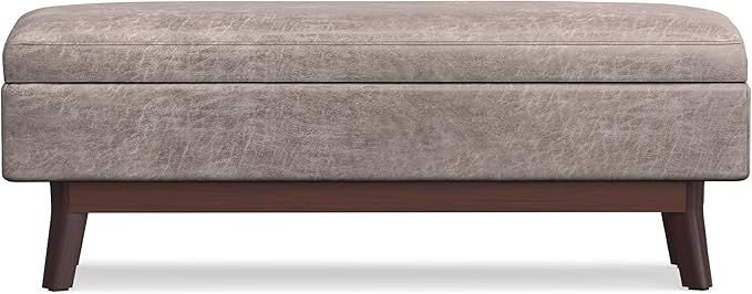 SIMPLIHOME Owen 48 inch Wide Mid Century Modern Rectangle Rectangular Storage Ottoman in Distressed Grey Taupe Vegan Faux Leather, Assembled, for the Living Room, Entryway and Family Room