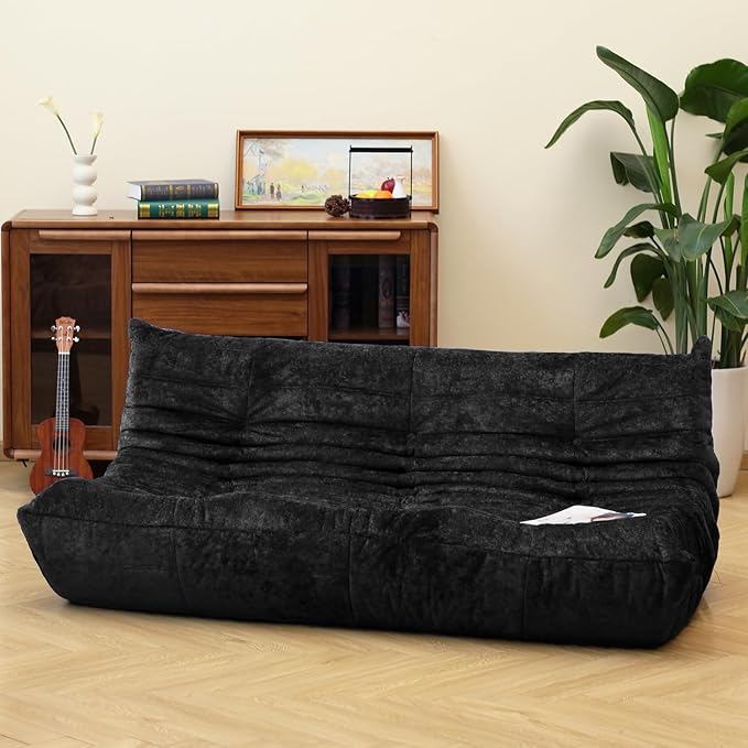 N&V Fireside Chair, Mid Century Armless Floor Sofa, Soft Premium Chenille Floor Lounge Chair, Foam Sofa Accent Chair for Living Room Bedroom and Office (Black, Three Seater)