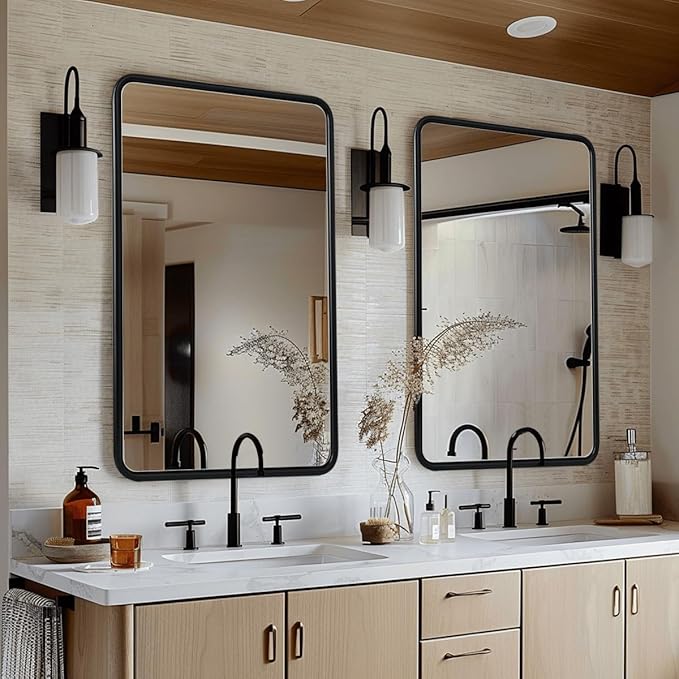 ANDY STAR Bathroom Mirror, 24x36 Inch Stainless Steel Metal Frame Black Rectangle Bathroom Mirror for Over Sink, Modern Rounded Corner Black Vanity Mirrors for Wall, Hangs Horizontally or Vertically