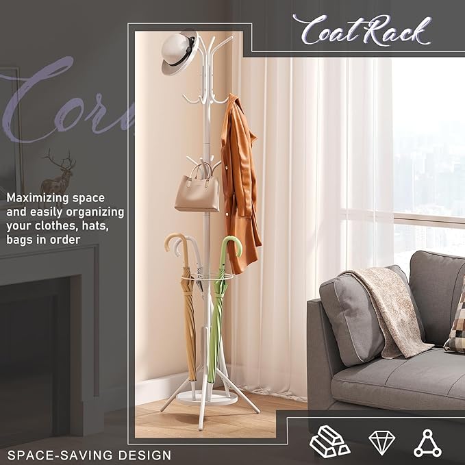 Coat Rack Freestanding Entryway Hanger Stand, Umbrella Holder, Hall Tree With 12 Hooks, Floor Standing Metal Tree Stand, White