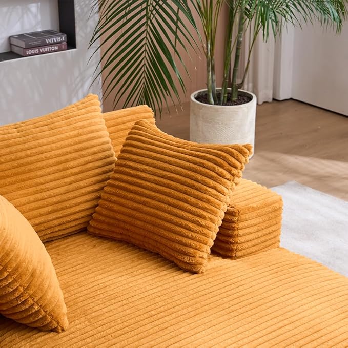 Oversized Chaise Daybed Lounge Sleeper Chair Sofa Bed Indoor, Fluffy Corduroy Upholstered Sleeper Recliner Sofabed Extra Wide Full Foam Cloud Sofabed W/3 Pillows for Home/Apartment Living Room Bedroom