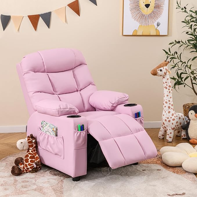 Costzon Kids Recliner Chair with Cup Holder, Adjustable Lounge Chair w/Footrest & Side Pockets for Children Boys Girls Room, Ergonomic Toddler Furniture Sofa, Kids Pink Recliner (Pink)