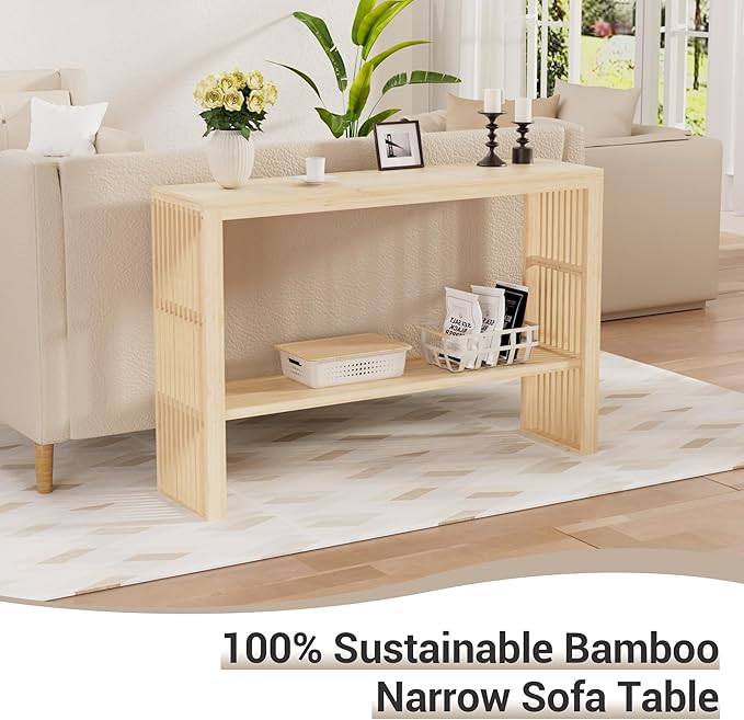 Bamboo Wood Entryway Table 47.2" Console Table, 2-Tier Farmhouse Narrow Sofa Table with Grille-Inspired Sides Easy Assembly for Entrance, Hallway, Living Room, Bedroom, Foyer(Natural)