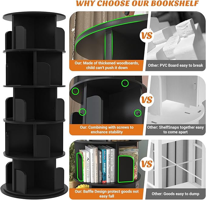 Aheaplus Rotating Bookshelf, 360 Display Wood Spinning Bookshelf Tower, 5 Tier Floor Standing Bookcase Storage Rack, Revolving Bookcase Corner Bookshelf for Small Space, Bedroom, Study Room, Black