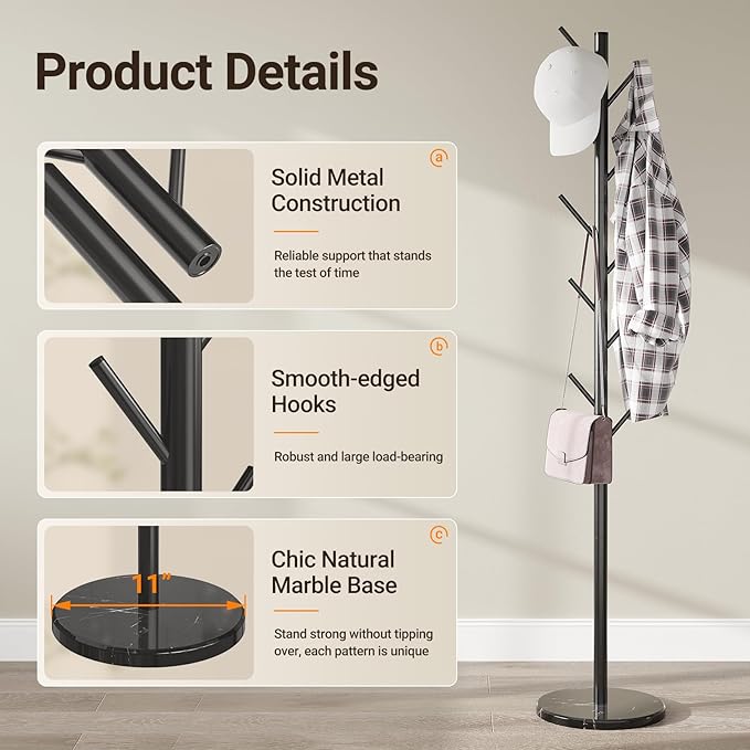 ELYKEN Coat Rack Freestanding with Natural Marble Base, Metal Coat Rack Stand with 10 Hooks, 3 Adjustable Size Coat Tree for Bags, Clothes, and Hats for Entryway, Bedroom, Hallway, Office, Black