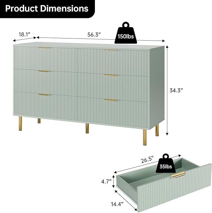 Green Dresser, Modern 6 Drawer Dresser for Bedroom with Gold Handle and Large Drawer, Wood Double Chest of Drawers and Storage Organizer for Living Room, Hallway, Entryway