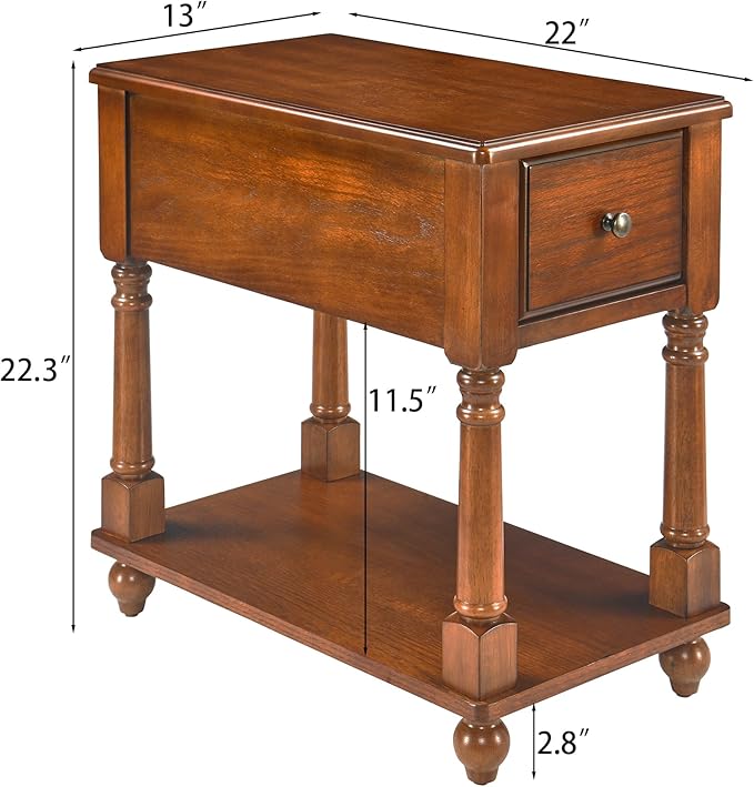 LEEMTORIG Solid Wood End Table Narrow Side Table with Drawer, Cherry Wood End Table living room, 13"W Slim Bedside Table Small Nightstand, 22"D x 22.3"H, No-tools Assembly, Beeswax Brown BBJ-004-DR