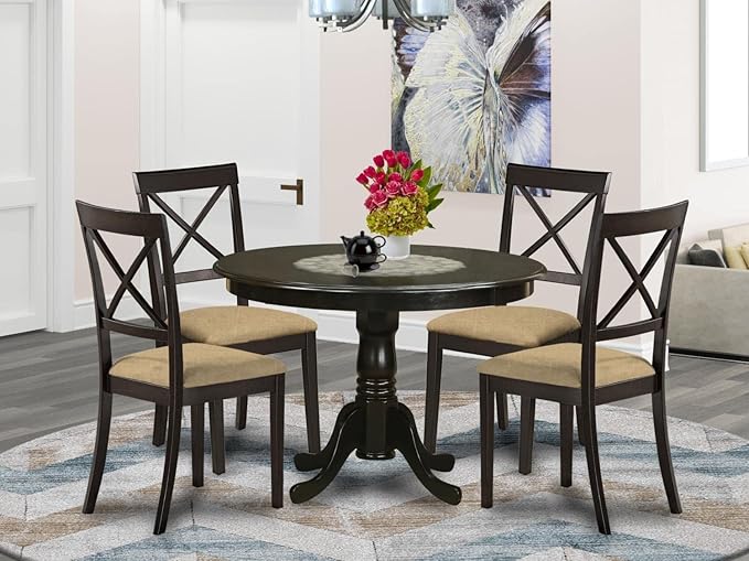 East West Furniture HLBO5-CAP-C 5 Piece Dining Room Furniture Set Includes a Round Dining Table with Pedestal and 4 Linen Fabric Upholstered Chairs, 42x42 Inch, Cappuccino