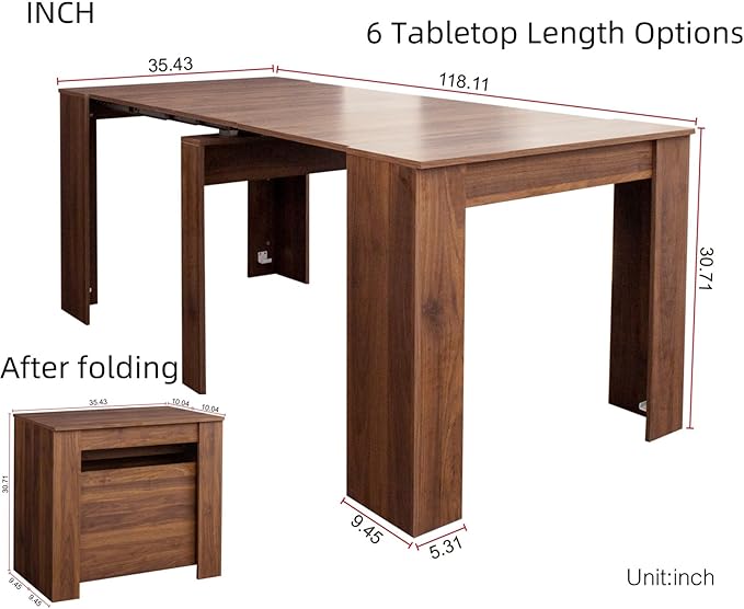 KEIKI 20"-118.5" L Extendable Foldable Dining Room Table for 1-10 People, Wood Multifunctional Rectangle Expandable Console Kitchen Living Meeting Room Furniture, 6 Tabletop Length Options, Walnut