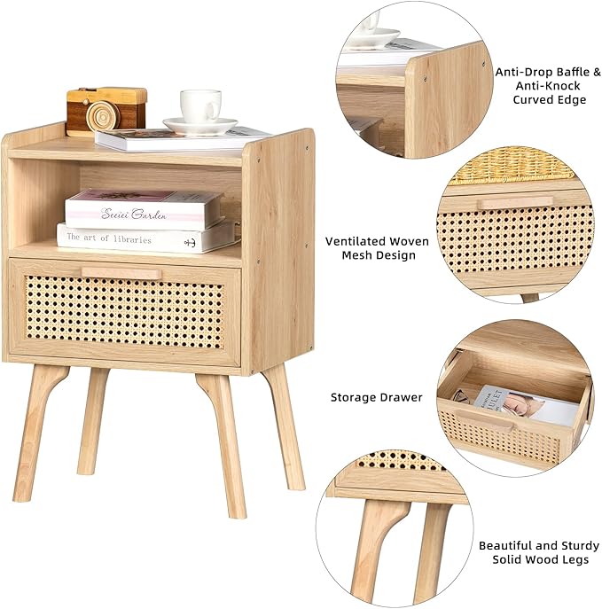 Lerliuo Rattan Nightstands Set of 2, Boho Side Table with Drawer Open Shelf, Cane Accent Bedside End Table with Solid Wood Legs for Bedroom, Dorm and Small Spaces (Natural)