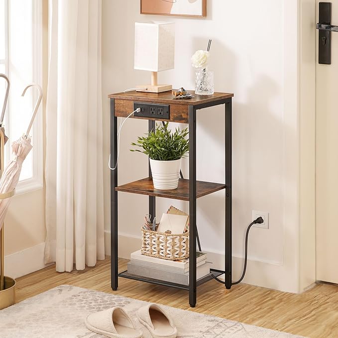 HOOBRO Tall End Tables with Charging Station, Set of 2, 30 Inch Tall Nightstands, 3-Tier Side Tables with Storage Shelves, for Living Room, Bedroom, Hallway, Rustic Brown BF09UDHP201G1