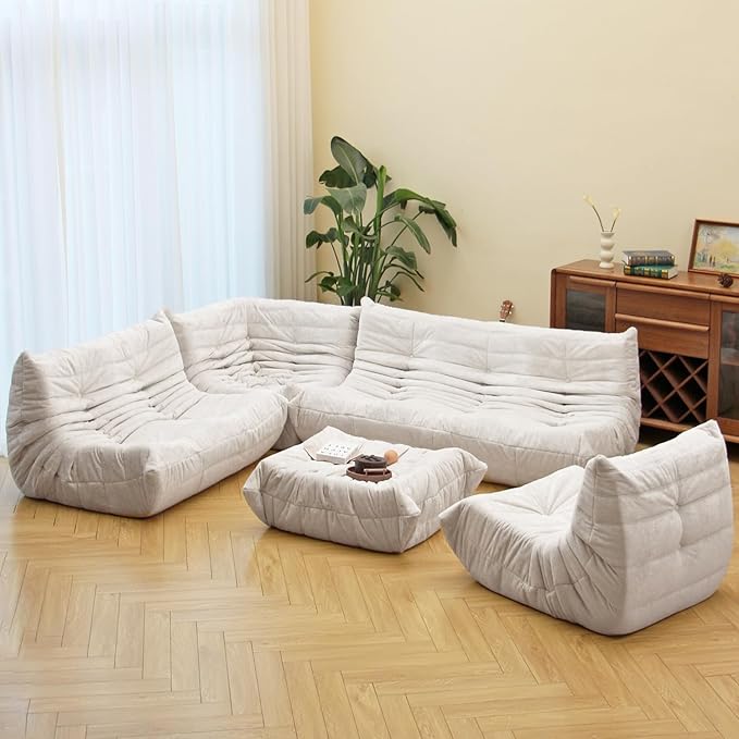 N&V Fireside Chair, Mid Century Armless Floor Sofa, Soft Premium Chenille Floor Lounge Chair, Foam Sofa Accent Chair for Living Room Bedroom and Office (White, Single)