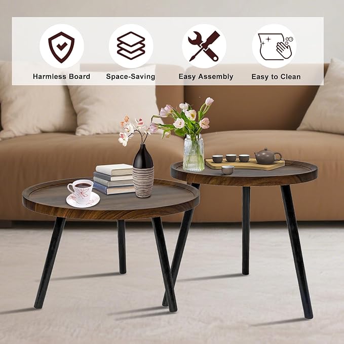 Jessie 2 Pcs Small Round Coffee Tables,Mid Century Modern Nesting Tables,Easy Assembly Circle Walnut Coffee Tables with Non-Slip Feet,Wood Grain Top Nesting Coffee Table for Living Room Balcony Yard