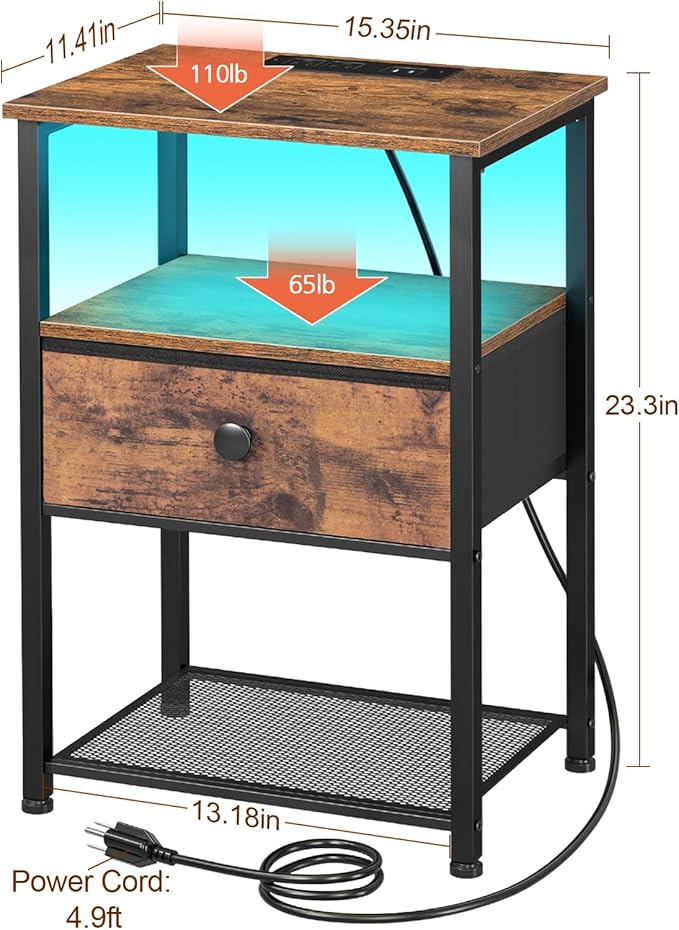 Night Stand Set 2, LED Nightstand with Charging Station, End Tables Living Room with Fabric Drawer for Small Spaces, Side Tables with Storage Shelf for Bedroom, Brown HETS01PBR