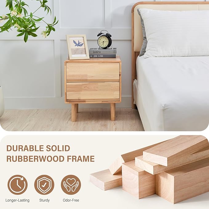 CozyDH Natural Wood Nightstand with Drawers, Solid Wood Nightstand End Table, 19" Bedside Table for Bedroom, Sofa Side Table with Wooden Legs Living Room