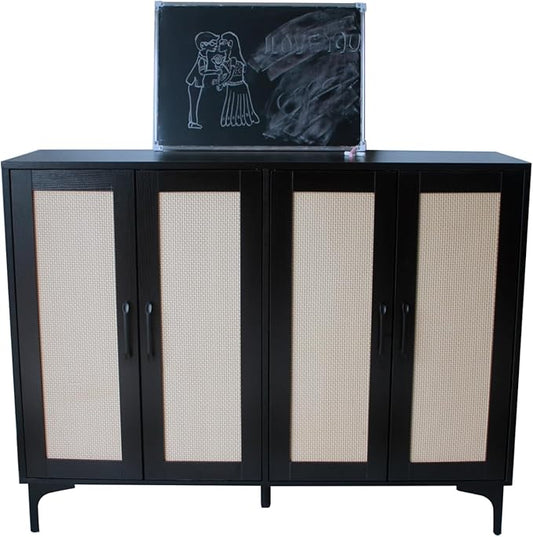 Buffet Sideboard, Side Storage Cabinet, entryway Cabinet, Buffet Sideboard with Rattan, Featuring 4 Doors and Adjustable Shelves, Suitable for Living Room (Black)