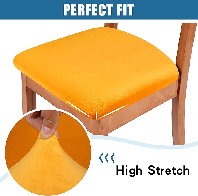 Smiry Velvet Seat Covers for Dining Room Chair Set of 2, Stretch Fit Removable Washable Chair Seat Cushion Protector Slipcovers with Ties, Mustard Yellow