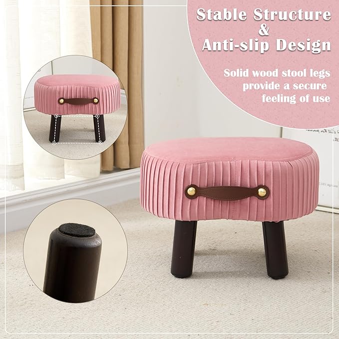 Small Footstool with Handle, Velvet Ottoman Foot Rest with Padded Seat, Curved Foot Stool with Wooden Legs, Portable Foot Rest for Living Room, Bedroom, Entryway, Pink