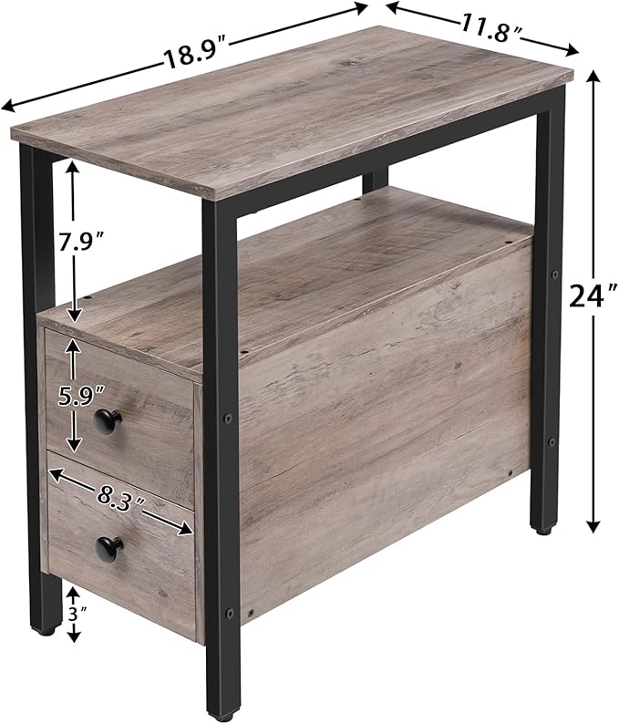 HOOBRO End Table, Narrow Chairside Table with Drawer and Open Storage Shelf, Nightstand for Small Spaces, Stable and Sturdy Construction, Wooden Look Accent Furniture, Greige and Black BG548BZ01G2
