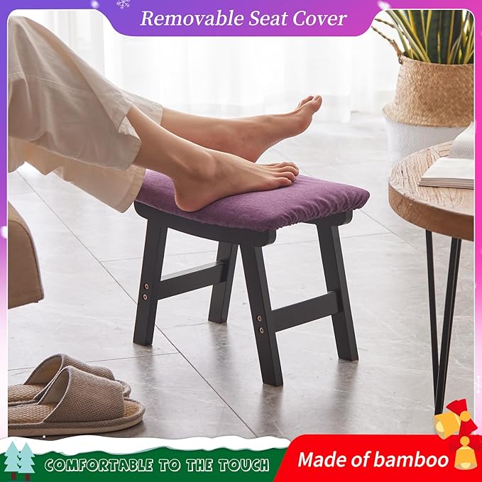 Foot Stool,Ottoman,Bamboo Small Sofa Foot Rest Under Desk,Extra Seating for Living Room, Bedroom and Kitchen (Black Stool Legs - Purple Surface)