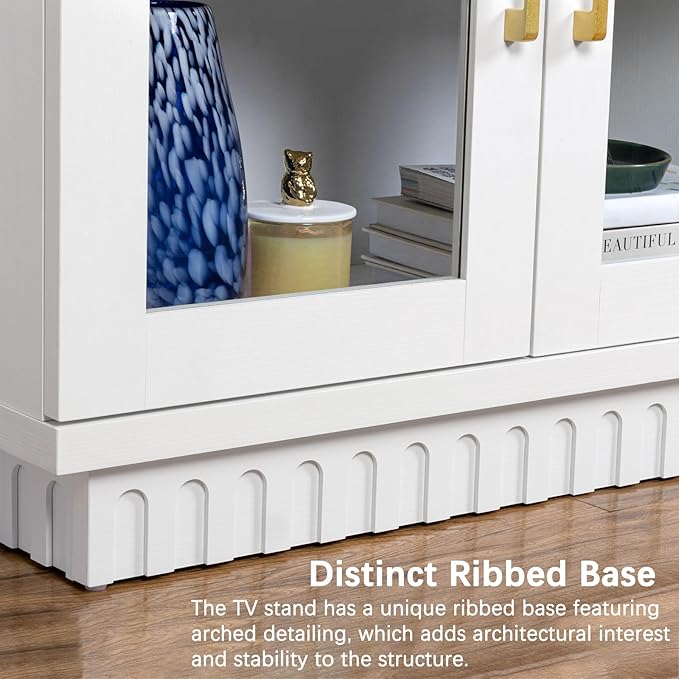 TV Stand for TVs up to 65 Inch, Entertainment Center with Storage Cabinets, Contemporary Modern TV Cabinet Media Console Table with Glass Doors for Living Room Bedroom, Montauk White