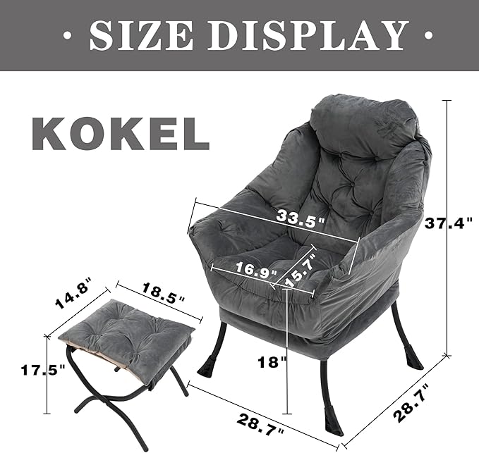 Lazy Chair with Folding Ottoman, Living Room Accent Contemporary Lounge Chair, Single Steel Frame Leisure Sofa with Armrests and Side Pocket (Dark Gray)