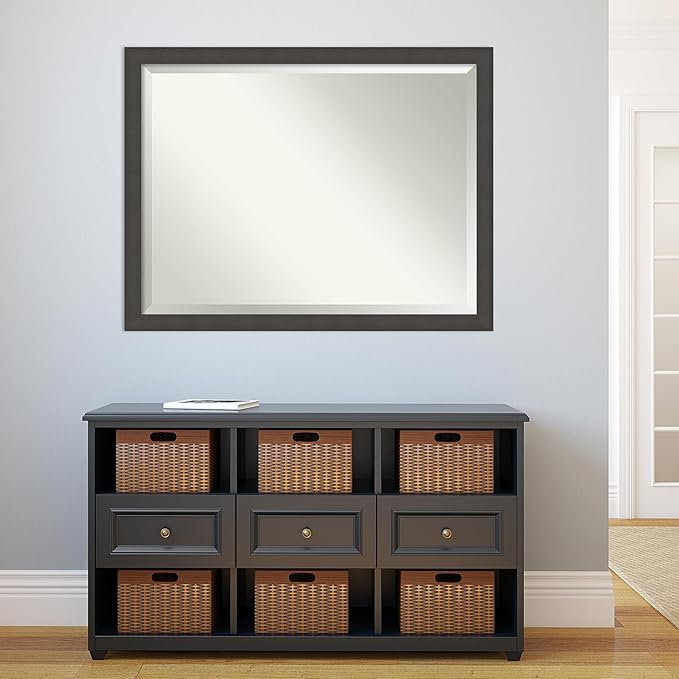 Amanti Art Silver Bathroom Mirror for Over Sink, 34x44 Blaine Light Pewter Narrow Rectangle Vanity Mirror, X-Large Modern Contemporary Frame, Hangs Horizonally and Vertically, Bathroom Wall Decor