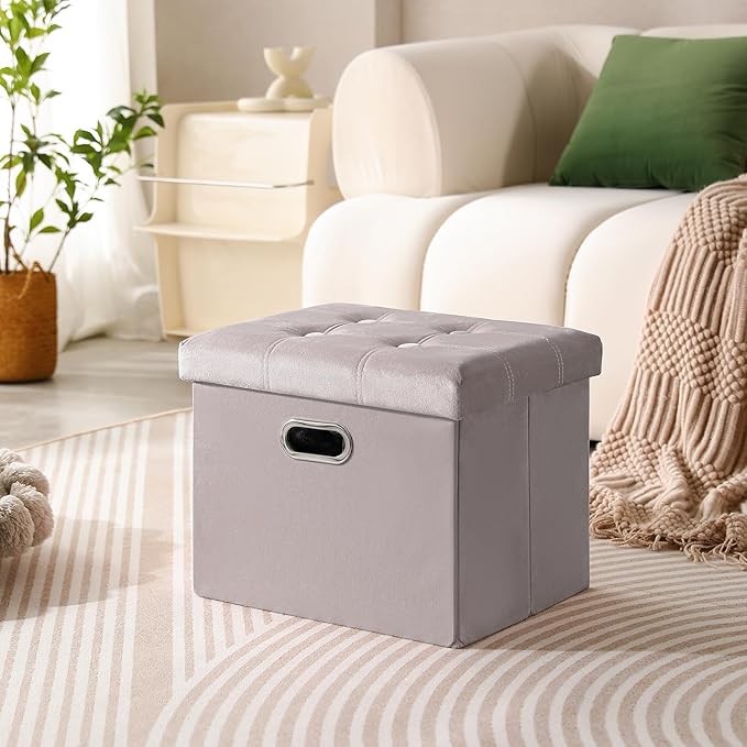 PRANDOM Ottoman with Storage [1-Pack] Velvet Folding Small Square Foot Stool with Lid for Living Room Bedroom Coffee Table Dorm Light Grey 17x13x13 inches