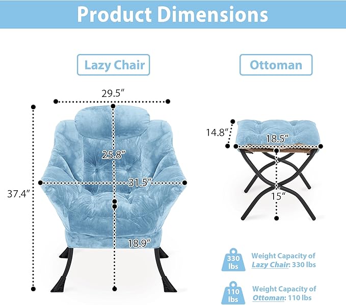 Lazy Chair with Folding Ottoman, Accent Chair Plush Upholstered with Metal Structure and Non-Slip Pads, Sofa Armchair with Footrest and Side Storage Bag for Dorm, Room, Office, Blue