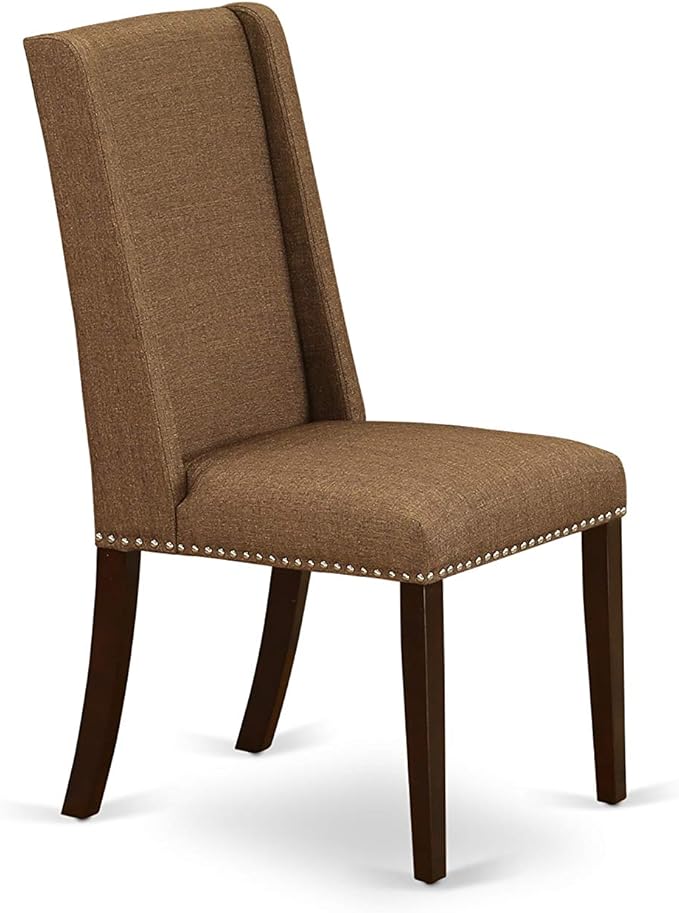 East West Furniture DLFL3-MAH-18 3 Piece Dining Set Contains a Round Dining Room Table with Dropleaf and 2 Brown Linen Linen Fabric Upholstered Parson Chairs, 42x42 Inch, Mahogany