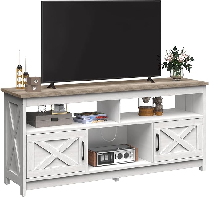 YITAHOME TV Stand for 65/55 Inch TV, Farmhouse Entertainment Center with Storage, Power Outlets and Open Shelf, Media Console TV Cabinet for Living Room, Grey White & Grey Wash