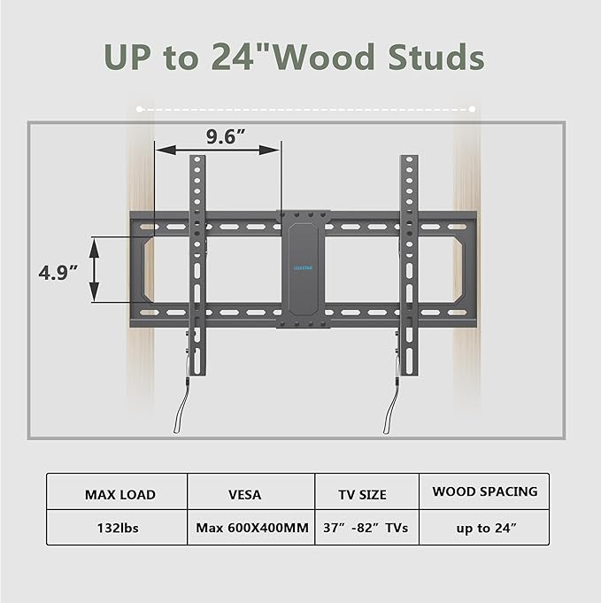UL Listed Fixed TV Wall Mount for 37-82 Inch Screens, Low Profile TV Mount Fits 16", 18", 24" Studs, Wall Mount Bracket with Quick Release Lock, Max VESA 600x400mm, Holds up to 132 lbs by USX STAR