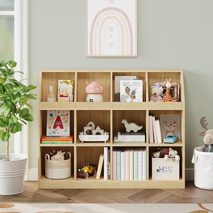 12-Cube Wooden Storage Bookcase - 11-Inch Open Shelf Cabinet, Simple Modern Bookshelf Organizer for Home Office, Living Room, Oak
