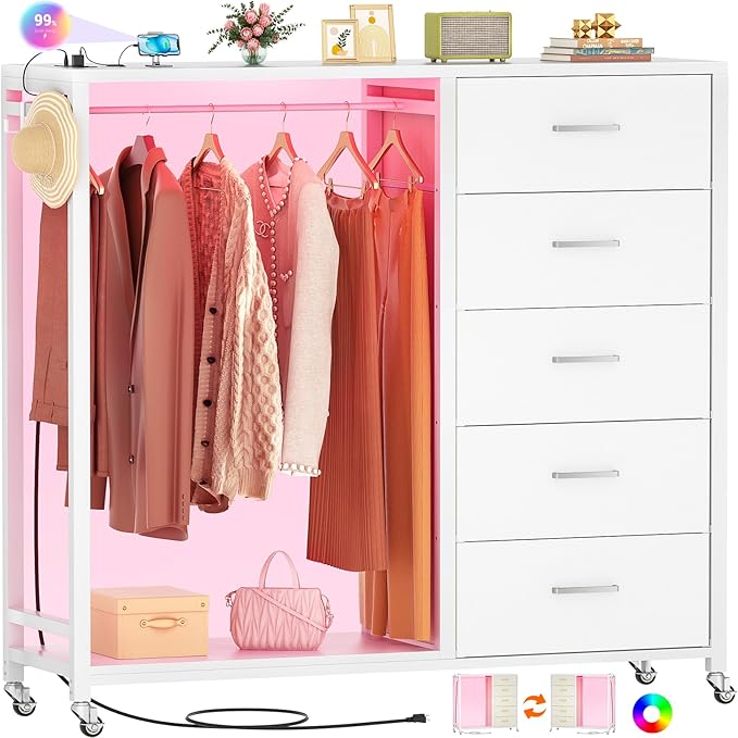 Cyclysio Dresser for Bedroom with Clothes Rack, 5 Fabric Drawers Dresser with Charging Station & LED Lights, White Storage Chest of Drawers with Wheels, Wooden Top, Lockable Wheels, Closet, White